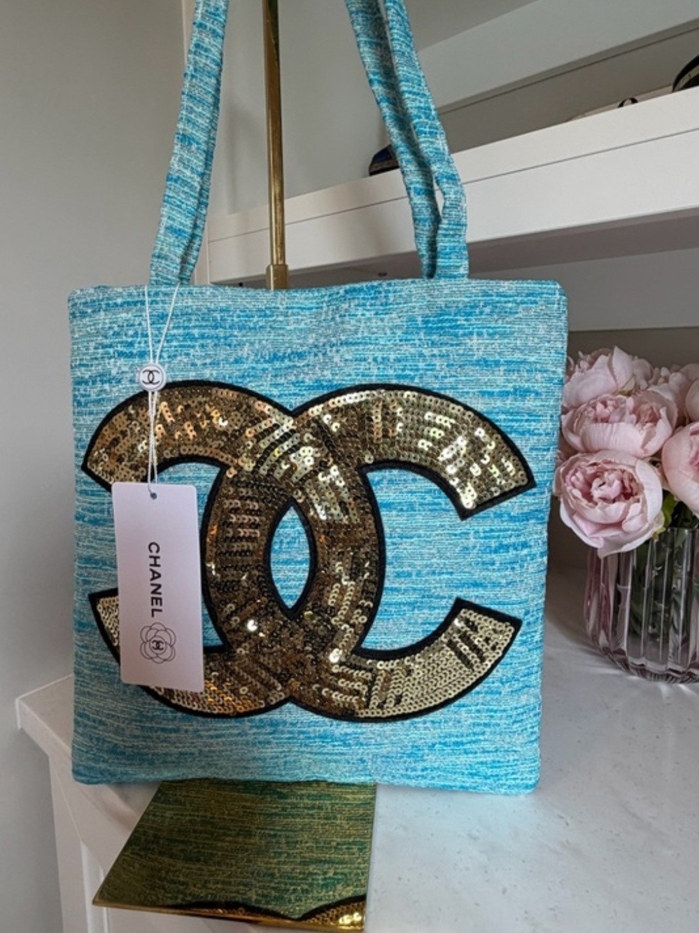 VIP Turquoise Tweed Tote with Gold Sequin